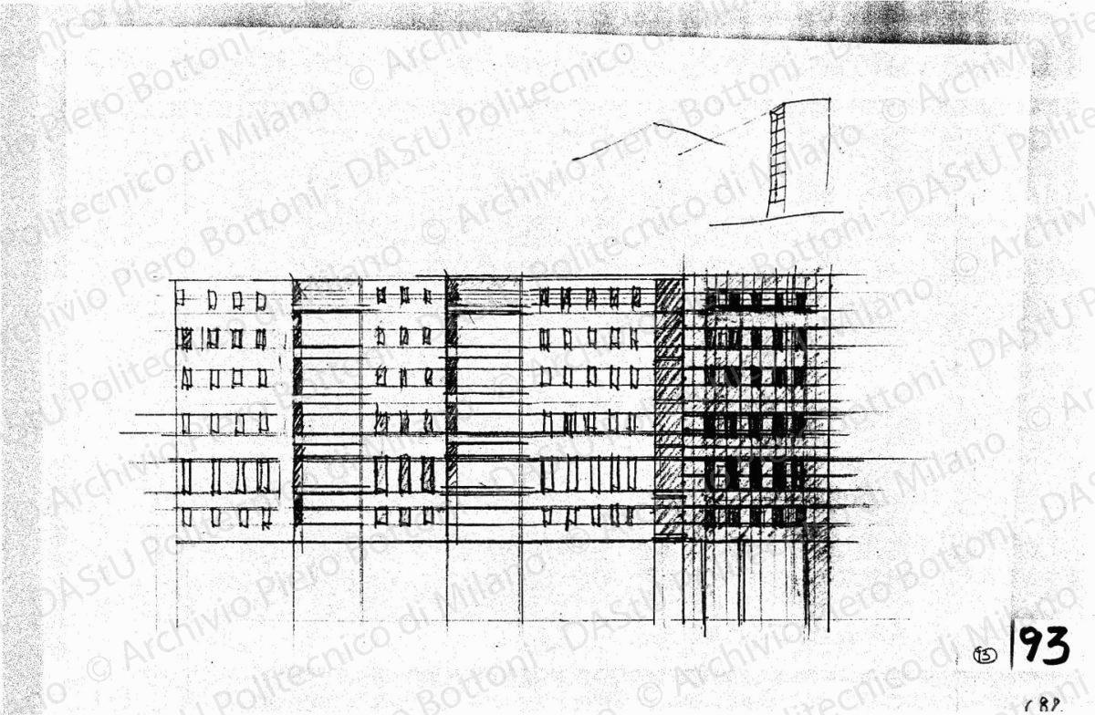Studio palazzo ovest, fronte su via Orefici, scala 1:200, s.d. Matita su lucido, cm 22,7x31,8. 