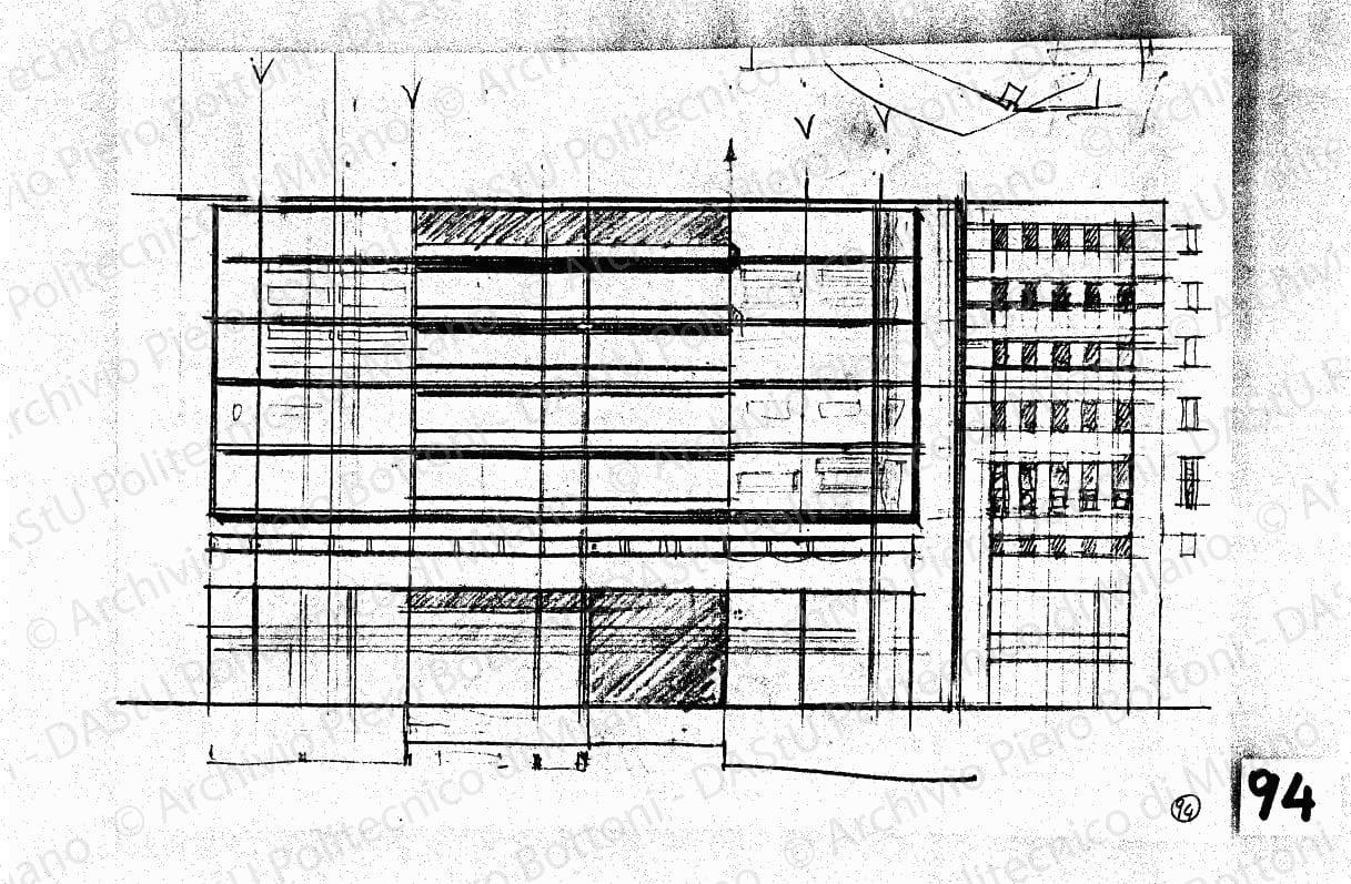 Studio palazzo ovest, fronte su via Orefici, scala 1:200, s.d. Matita su lucido, cm 19,3x39,3. 