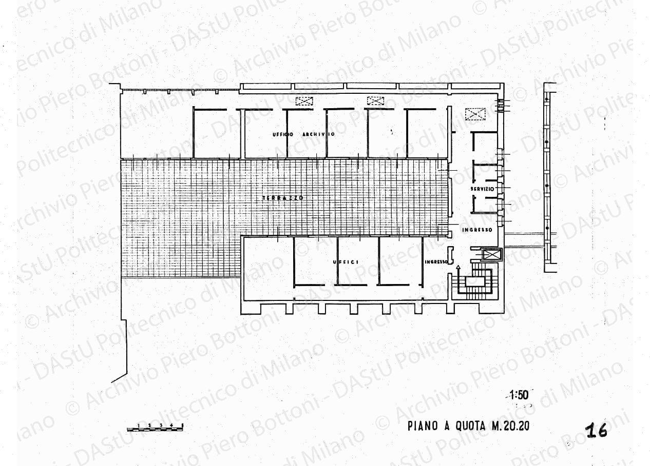 Palazzo arengario, sezione longitudinale, scala 1:100, s.d. China e collage su lucido, cm 38,7x64,7. 