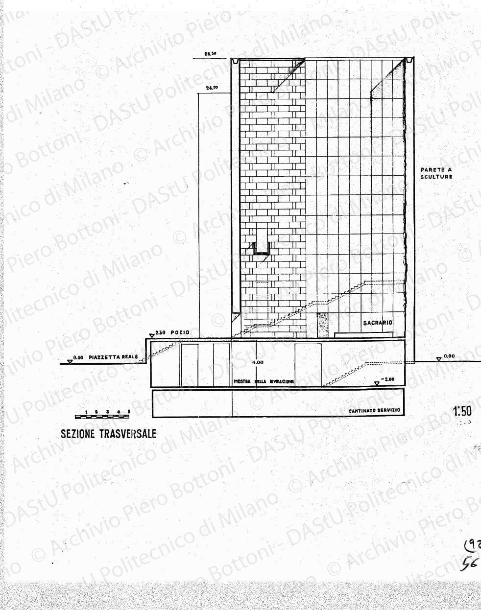 Palazzo arengario, fronte verso piazza del Duomo, scala 1:100, s.d. China, matita e collage su lucido, cm 46,5x42,4. 