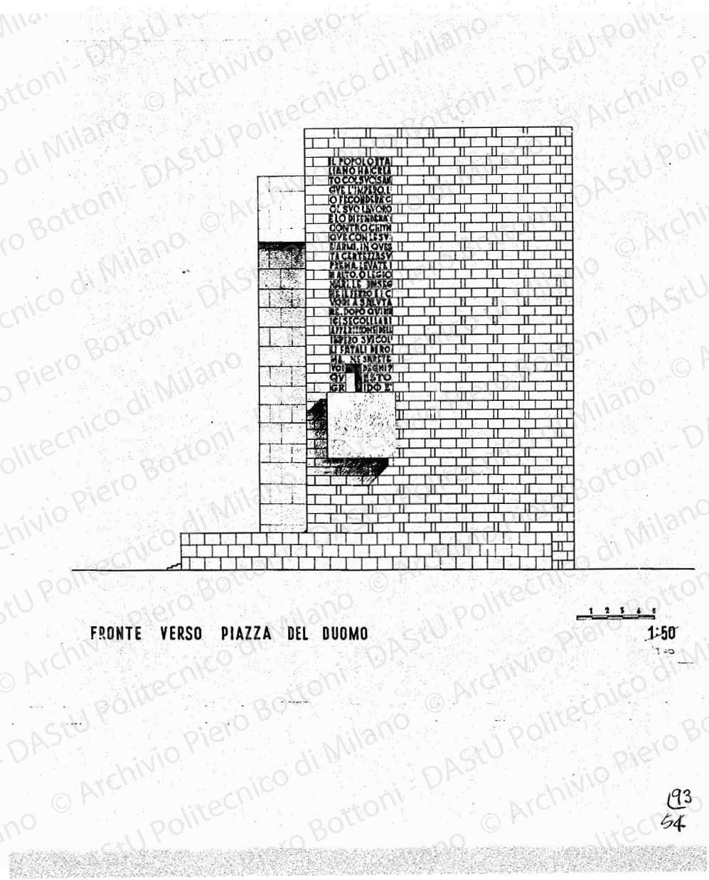 Palazzo arengario, fronte est, scala 1:100, s.d. China e matita su lucido, cm 38,9x70,5. 