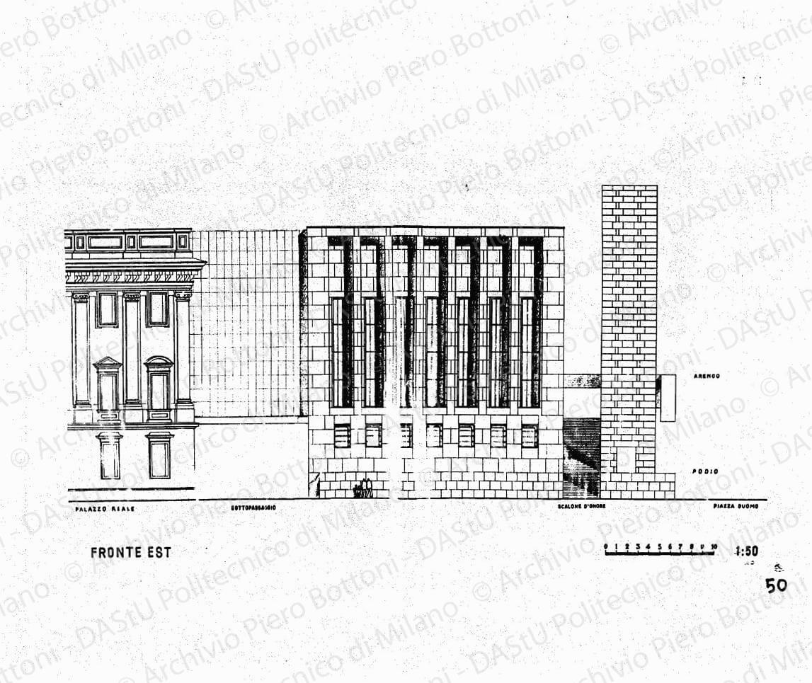 Palazzo arengario, fronte verso via Diaz, scala 1:100, s.d. China e matita su lucido, cm 40,3x70,6. 
