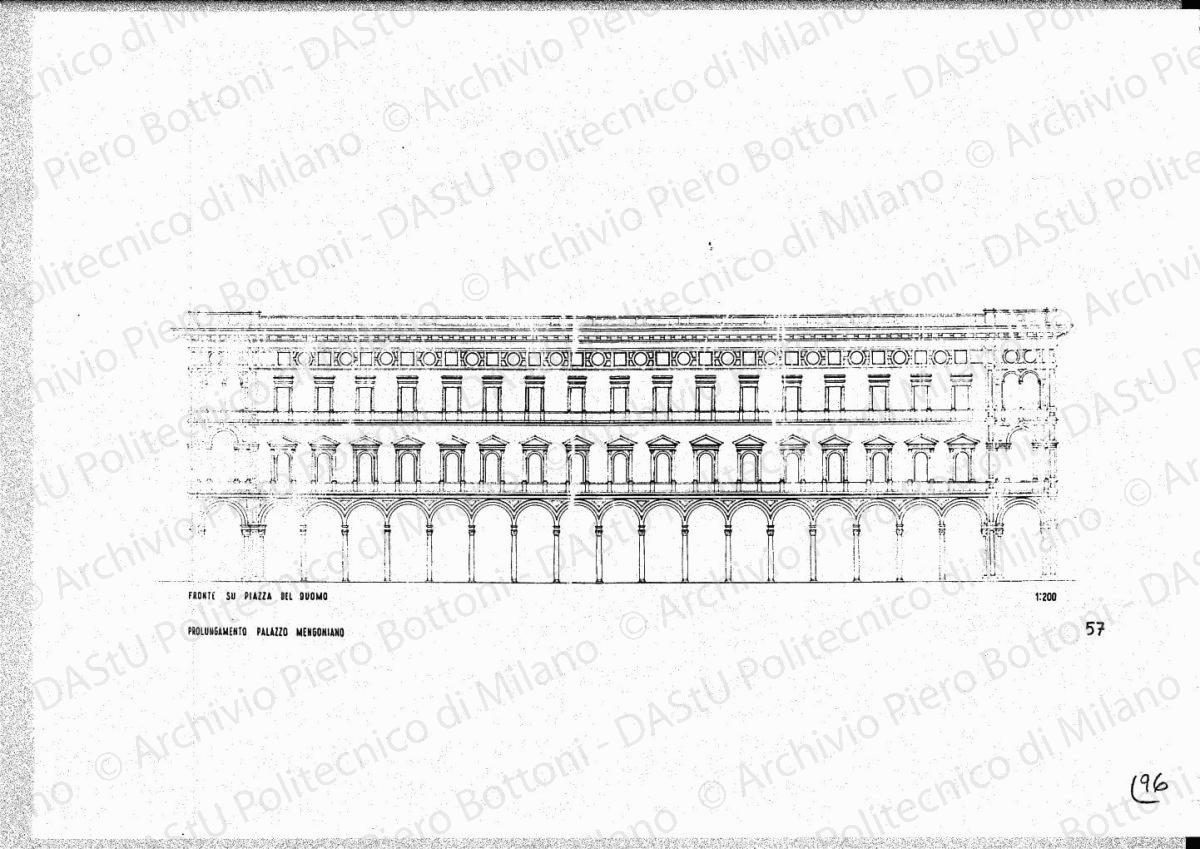 Prolungamento palazzo Mengoniano, fronte su via Diaz, scala 1:100, s.d. China su lucido, cm 41,4x46,7. 