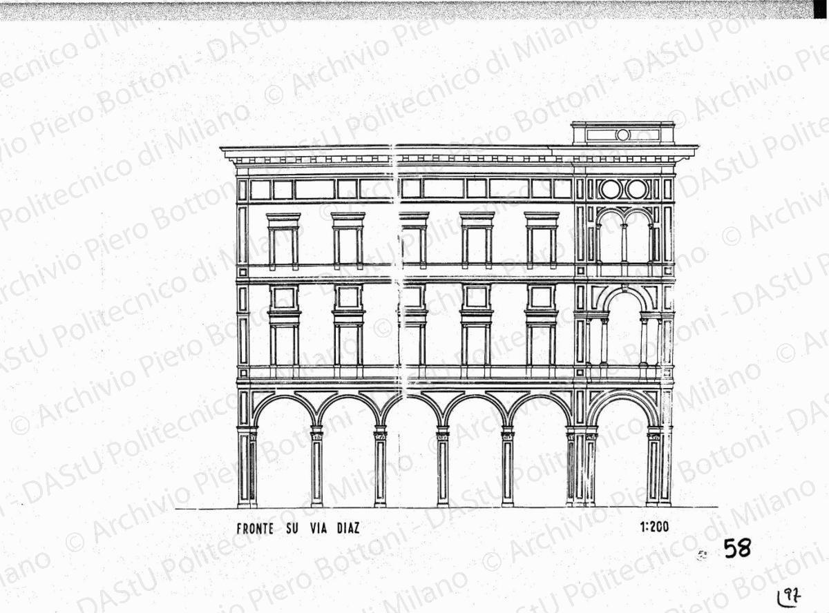 Palazzo a ovest della piazza, pianta piano terreno, scala 1:100, s.d. China su lucido, cm 69,5x118,0. 