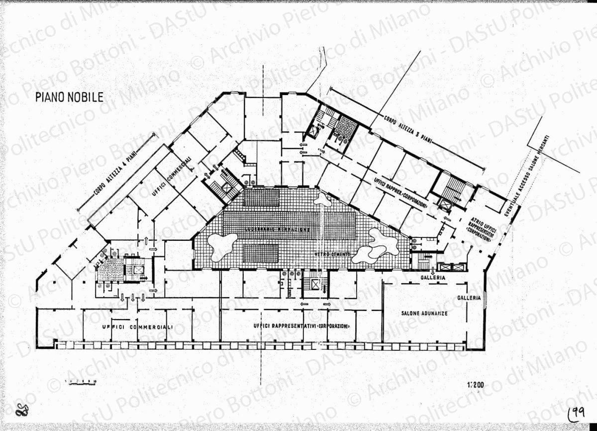 Palazzo a ovest della piazza, pianta piano nobile, scala 1:100, s.d. China su lucido, cm 59,2x99,7. 