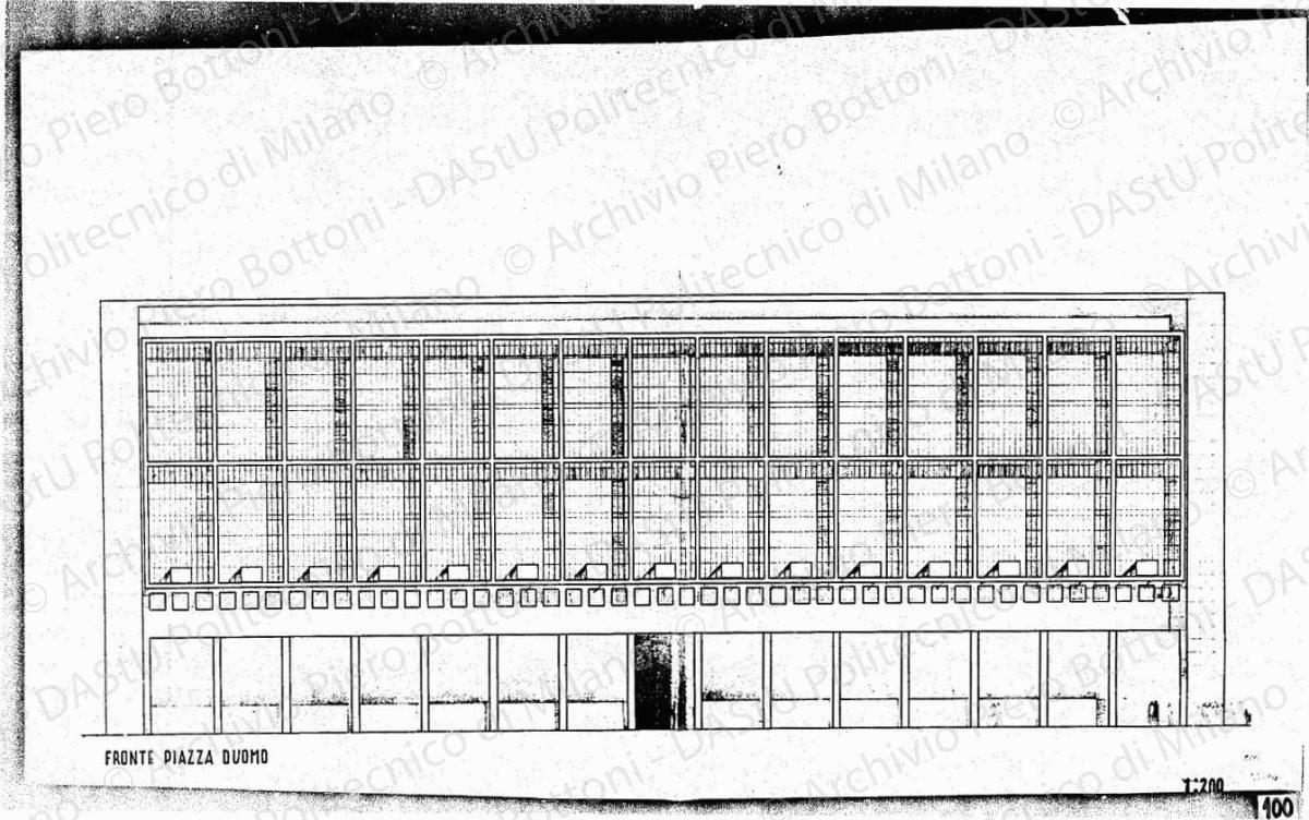 Palazzo a ovest della piazza, fronte piazza Duomo, scala 1:100, s.d. China e matita su carta, cm 50,7x85,4. 