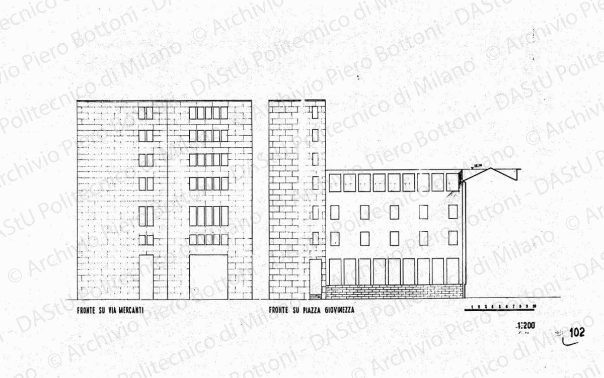 Palazzo a ovest della piazza, fronte verso via Mercanti, fronte su piazza Giovinezza, scala 1:100, s.d. China e matita su lucido, cm 43,0x72,3. 