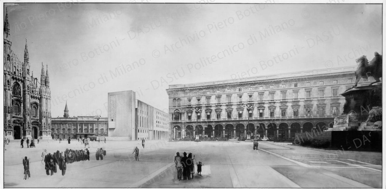 Riproduzione prospettiva fotomontaggio Piazza Duomo vista dal punto B, positivo, bianco e nero, mm 138x277.