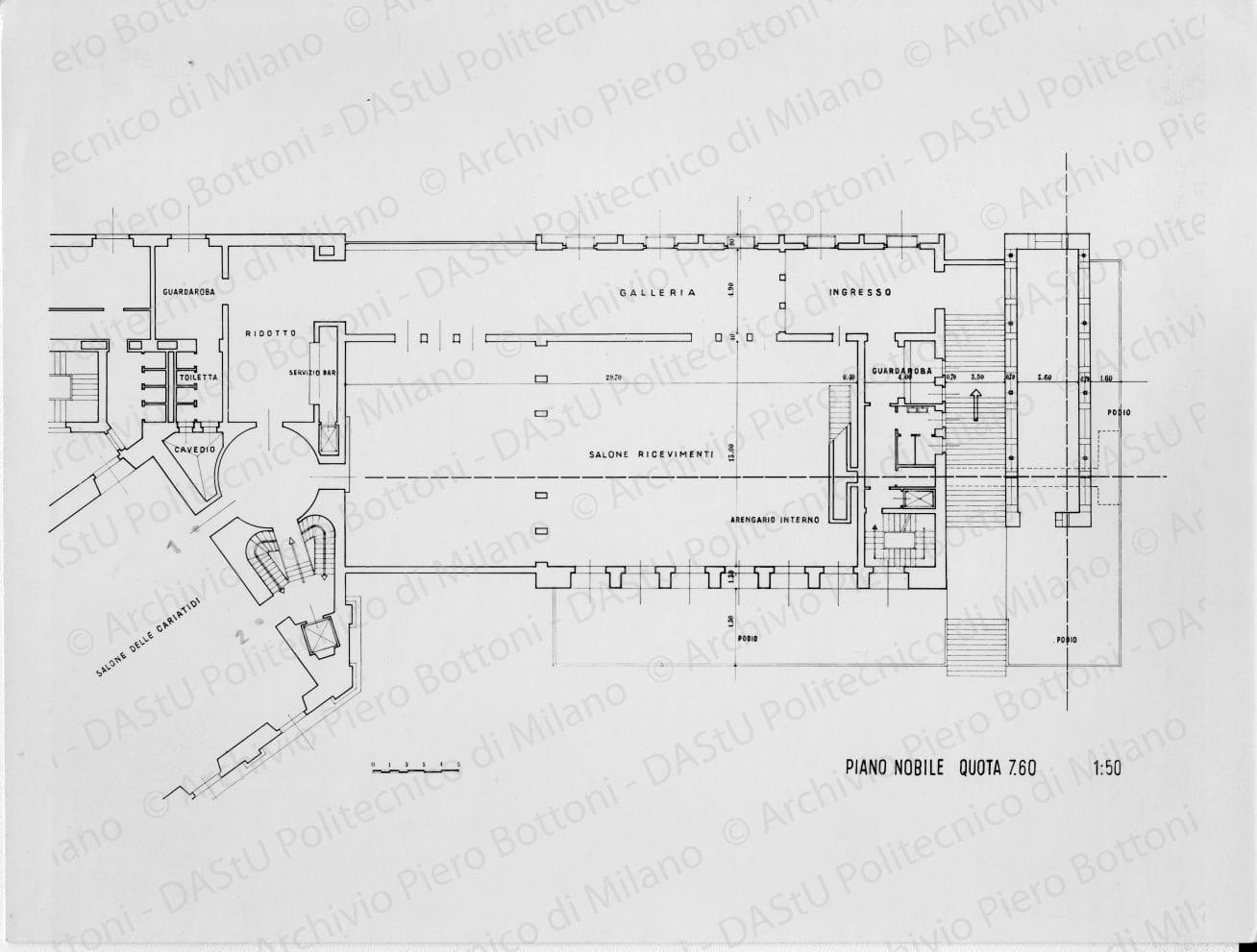 Riproduzione "Piano nobile quota 7.60 1:50" Palazzo dell'Arengario, positivo, bianco e nero, mm 210x277.