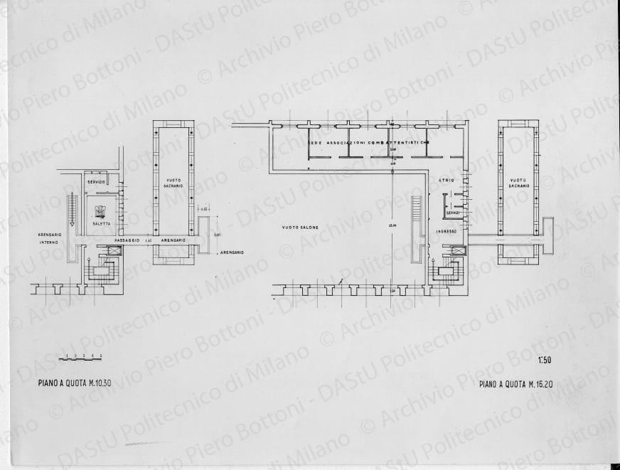 Riproduzione "Pianta a quota M. 10.30, Piano a quota M. 1620 1:50" Palazzo Arengario, positivo, bianco e nero, mm 210x277.