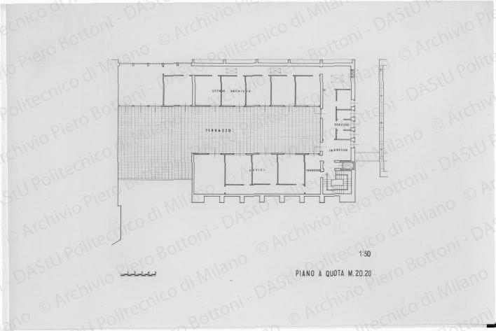 Riproduzione "Piano a quota M. 20.20 1:50" Palazzo Arengario, positivo, bianco e nero, mm 149x224.