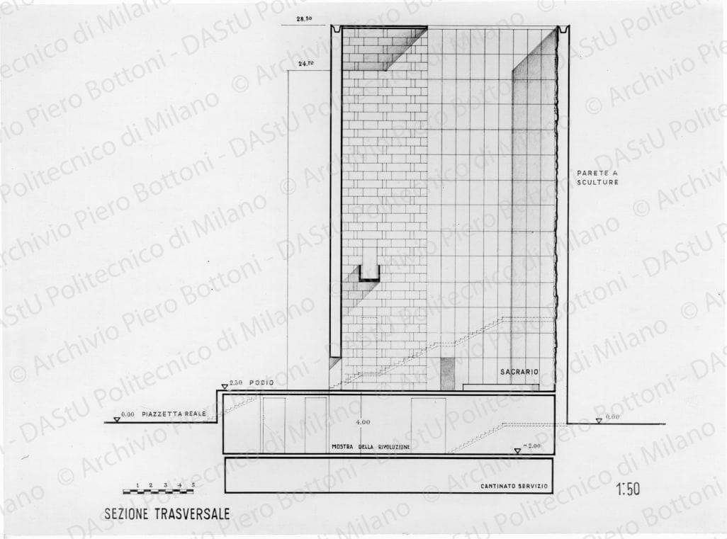 Riproduzione "Sezione trasversale 1:50" Palazzo Arengario, positivo, bianco e nero, mm 151x222.