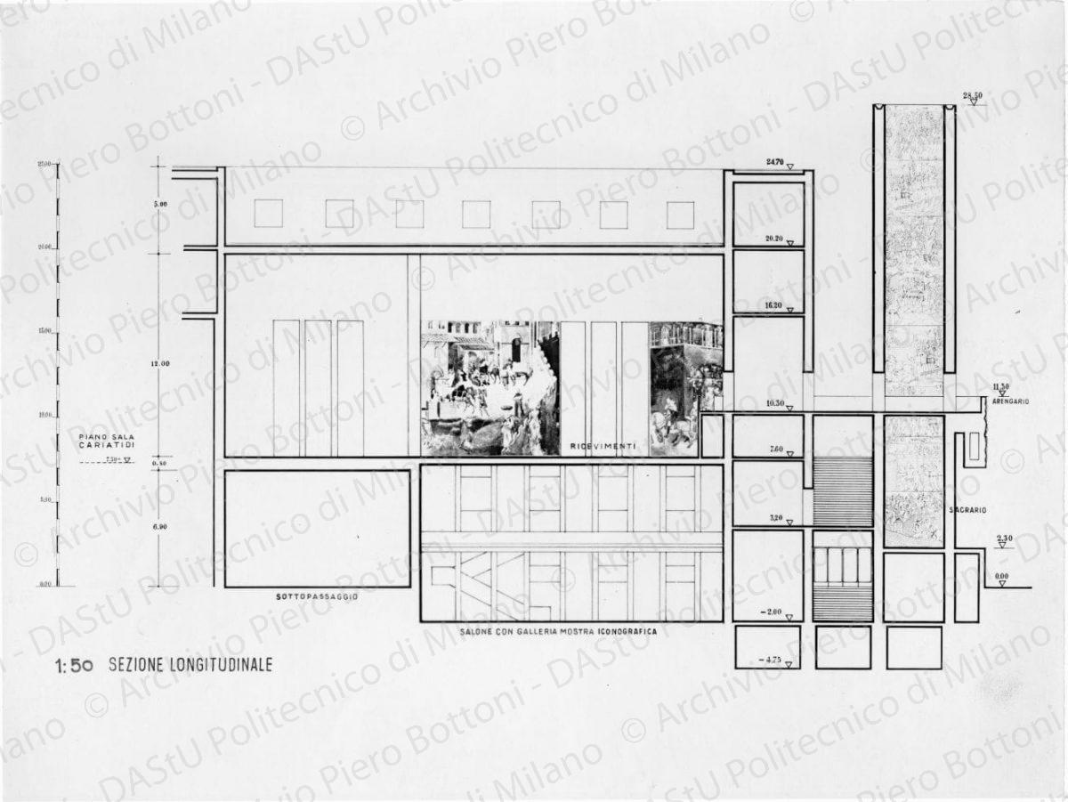 Riproduzione "Sezione longitudinale 1:50" Palazzo Arengario, positivo, bianco e nero, mm 209x278.