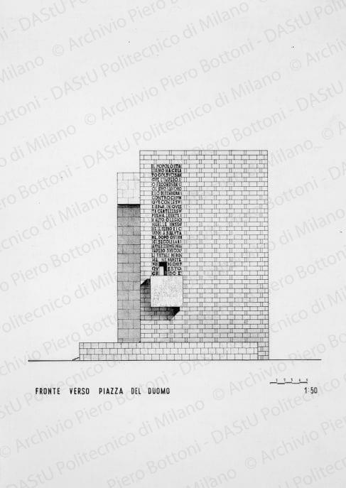 Riproduzione "Fronte verso Piazza del Duomo 1:200" Palazzo Arengario, positivo, bianco e nero, mm 228x160.