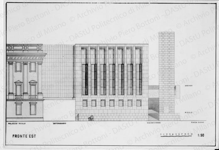 Riproduzione "Fronte Est 1:50" Palazzo Arengario, positivo, bianco e nero, mm 150x221.