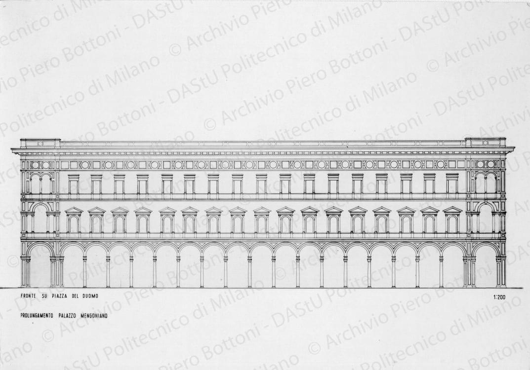 Riproduzione "Prolungamento palazzo Mengoniano 1:200", positivo, bianco e nero, mm 160x228.