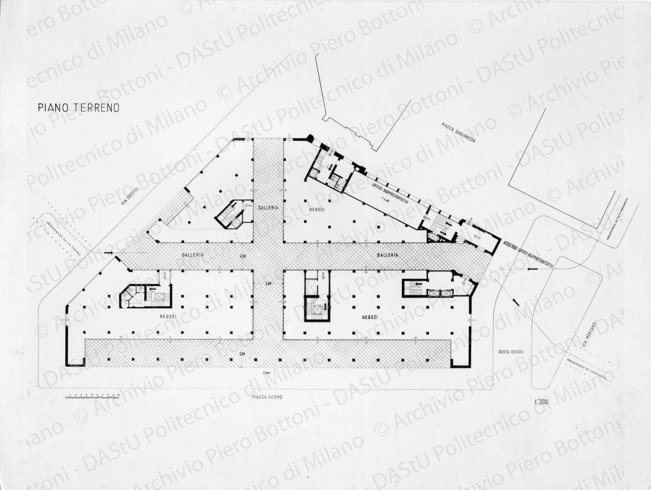 Riproduzione "Piano terreno 1:200", positivo, bianco e nero, mm 209x278.