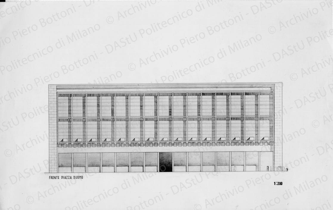 Riproduzione "Fronte Piazza Duomo 1:200", positivo, bianco e nero, mm 150x237.