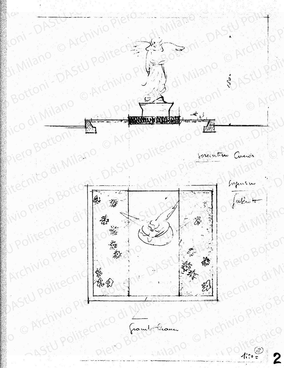 Pianta e prospetto, scala 1:20, s.d. Matita su. Lucido, cm 35,8x23,8. 