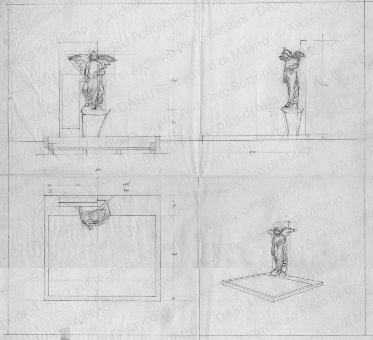 Pianta, prospetti e prospettiva, scala 1:20, s.d. Matita su lucido, cm 40,5x45,5. 