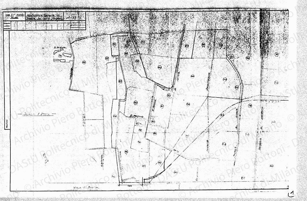 Delimitazione area su: Particolare Comune di Segrate, sez. cat. di Novegro, planimetria, scala 1:2000, s.d. Matita su eliografia su carta, cm 42,0x65,9. 