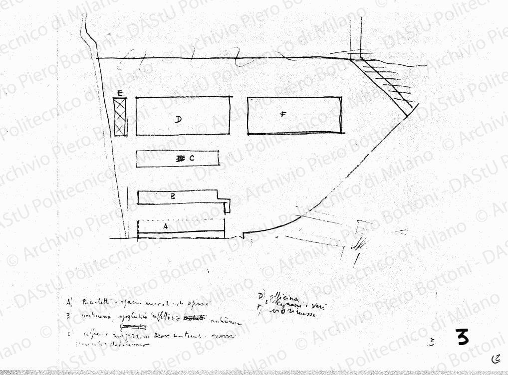 Planimetria schematica, scala 1:1000, s.d. Matita su lucido, cm 26,5x32,1. 