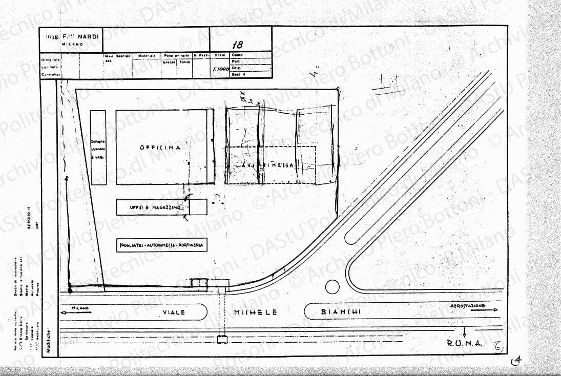 Studio di modifiche su: Planimetria, scala 1:1000, s.d. Matita e matite colorate su eliografia su carta, cm 27,6x41,2. 
