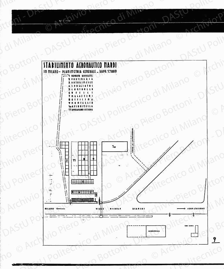 Stabilimento aeronautico Nardi, in Milano, planimetria generale, scala 1:1000, s.d. China su lucido, cm 54,8x49,0. 