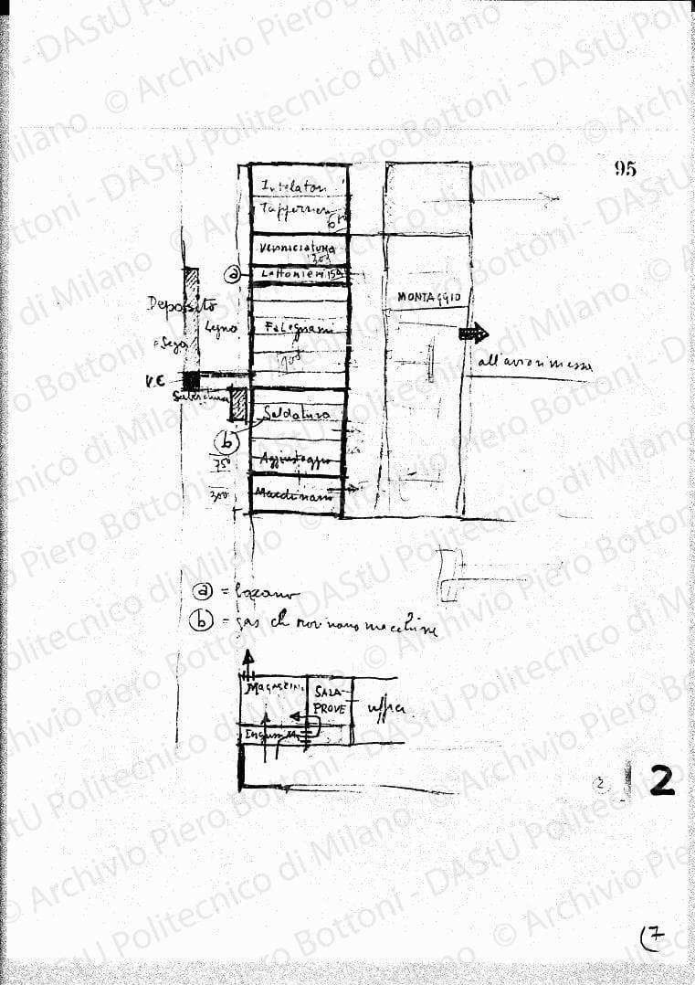 Schizzo in pianta dell'officina e del montaggio, s.d. Matita e matita rossa su lucido, cm 25,7x19,0. 