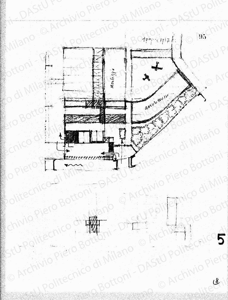 Schizzo planimetrico, 19 aprile 1937. Matita e matita rossa su lucido, cm 26,4x19,4. 