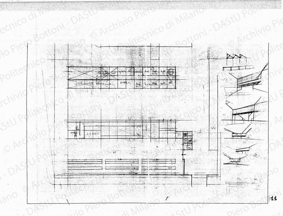 Studio del piano terreno, piante e schizzi prospettici, scala 1:200, s.d. Matita su lucido, cm 47,9x73,0. 