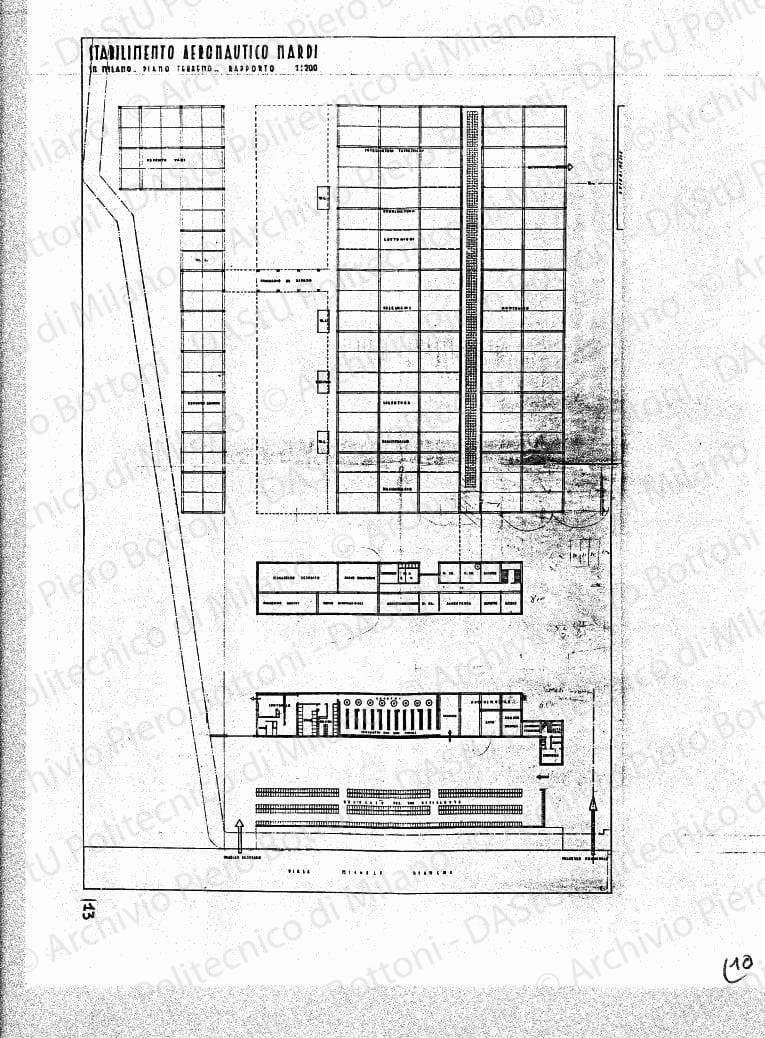 Stabilimento aeronautico Nardi, in Milano, piano terreno, pianta, scala 1:200, s.d. China su lucido, cm 108,0x66,3. 