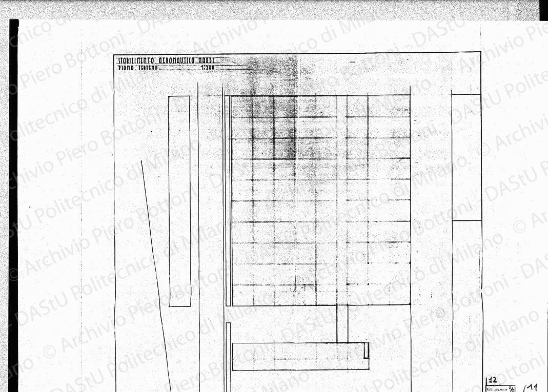 Stabilimento aeronautico Nardi, piano terreno, pianta, scala 1:200, s.d. China e matita su lucido, cm 110,9x88,9. 
