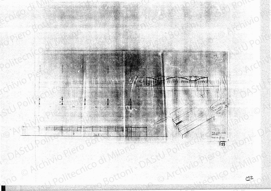 Studio aviorimessa, pianta, prospetto, sezione, assonometria, scala 1:200, 1:500, s.d. Matita su lucido, cm 43,3x102,2. 