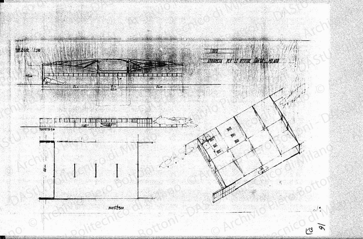 Studio aviorimessa per le officine Nardi, Milano, pianta, sezione, prospetto e assonometria, scala 1:200, 1:500, s.d. Matita su lucido, cm 36,9x65,2. 
