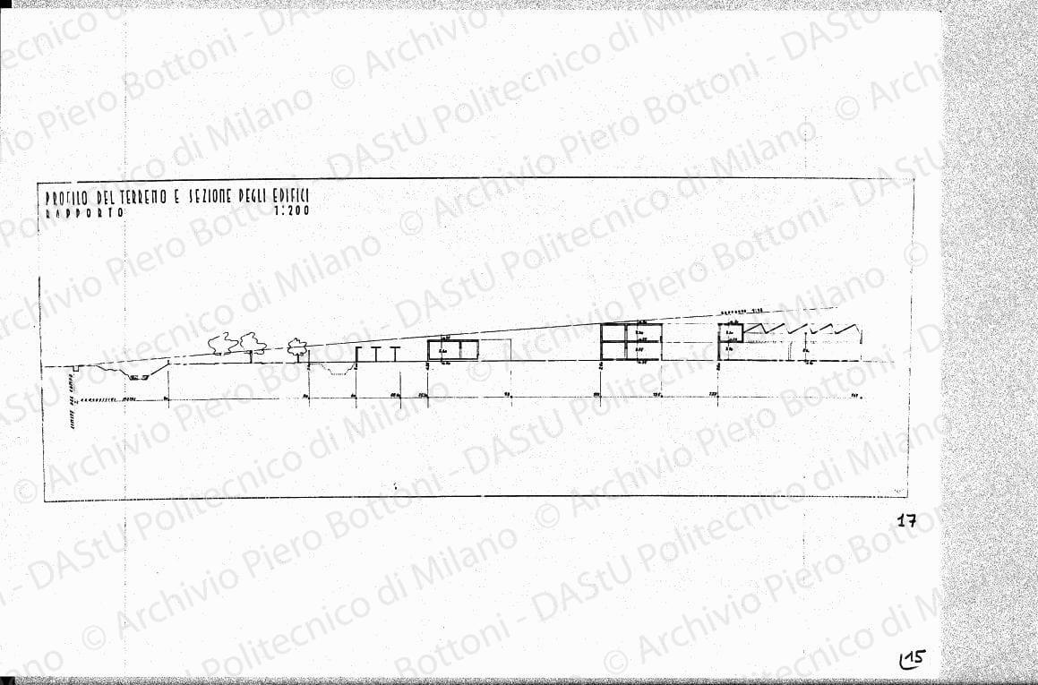 Profilo del terreno e sezione degli edifici, scala 1:200, 1 luglio 1937. China su lucido, cm 35,1x94,4. 