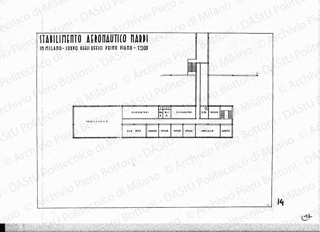 Stabilimento aeronautico Nardi, in Milano, corpo degli uffici primo piano, pianta, scala 1:200, s.d. China e matita su lucido, cm 35,6x48,6. 