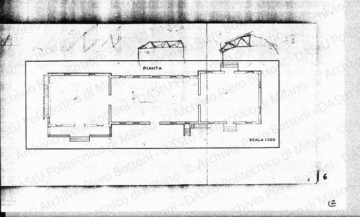Pianta (edificio esistente), scala 1:100, s.d. Eliografia su carta, cm 32,7x66,9. Annotazioni e schizzi a matita. 