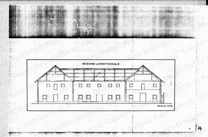 Sezione longitudinale (edificio esistente), scala 1:100, s.d. Eliografia su carta, cm 32,9x66,7. Annotazioni e schizzi a matita. 