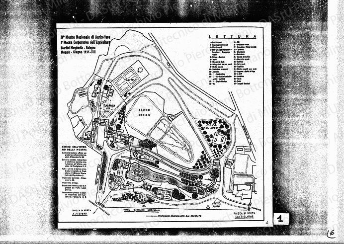 IV? Mostra nazionale di agricoltura, I? Mostra corporativa dell'agricoltura, Giardini Margherita, Bologna, maggio-giugno 1935-XIII, planimetria, scala 1:2000, s.d. Stampa a colori su carta, cm 38,0x40,0. 