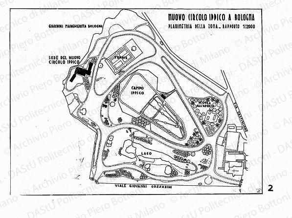 Nuovo circolo ippico a Bologna, planimetria della zona, scala 1:2000, s.d. China e matita su lucido, cm 35,0x47,6. 