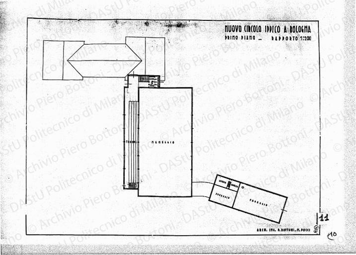 Nuovo circolo ippico a Bologna, pianta primo piano, scala 1:200, s.d. China su lucido, cm 39,8x54,9.  