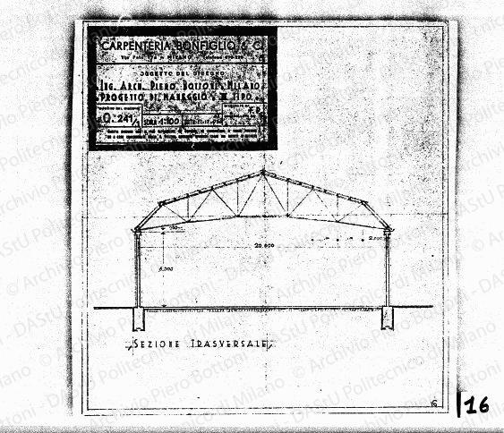 Carpenteria Bonfiglio & C., ing. arch. Piero Bottoni Milano, progetto di maneggio, III tipo, sezione trasversale, scala 1:100, 12 dicembre 1936. Eliografia su carta, cm 31,8x30,8. 