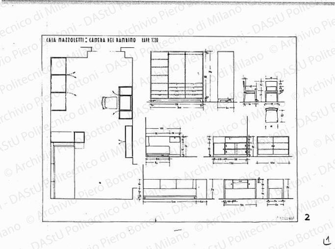 Casa Mazzoletti, camera del bambino, pianta e mobili, scala 1:20, 14 maggio 1937. China e matita su lucido, cm 37,5x49,6. 