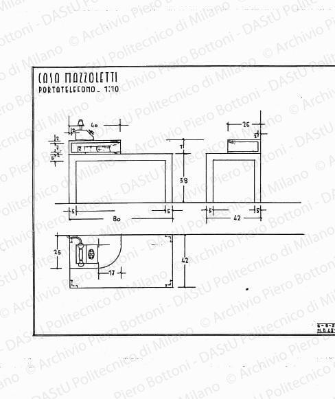 Casa Mazzoletti, portatelefono, scala 1:10, 6 agosto 1937. China e matita su lucido, cm 24,4x28,5. 