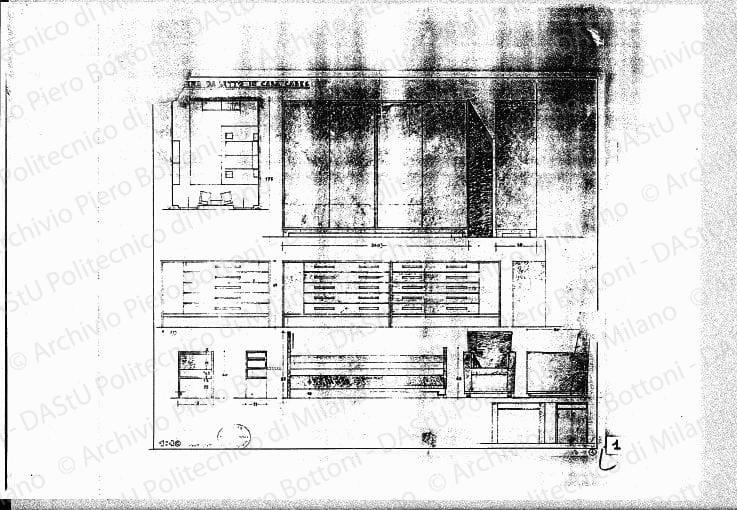 Camera da letto in casa Cases, pianta e mobili, scala 1:10, 1:50, novembre 1937. Matita e china su lucido, cm 49,5x58,5. 