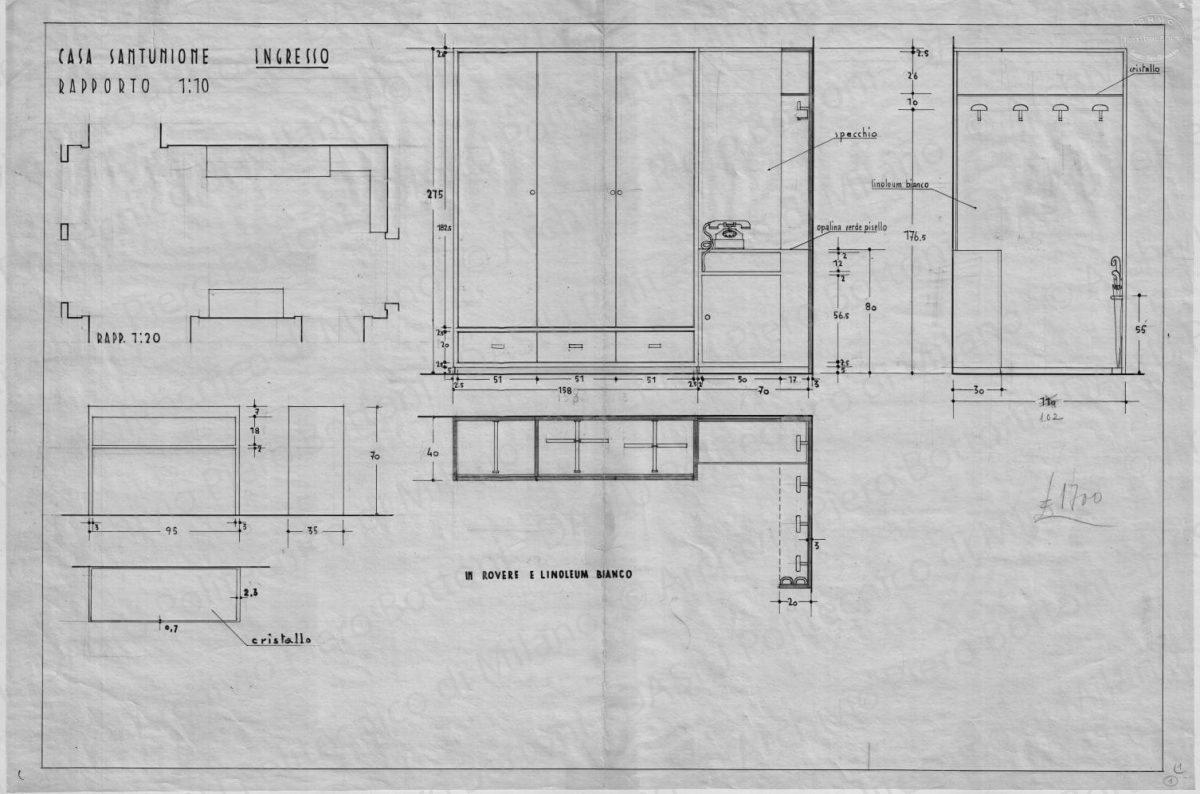 Casa Sant'Unione, ingresso, pianta e mobili, scala 1:10, 1:20, s.d. China e matita su lucido, cm 50,7x75,9. 