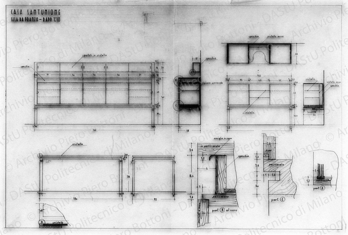 Casa Sant'Unione, sala da pranzo, mobili, scala 1:1, 1:10, s.d. China e matita su lucido, cm 50,4x75,2. 