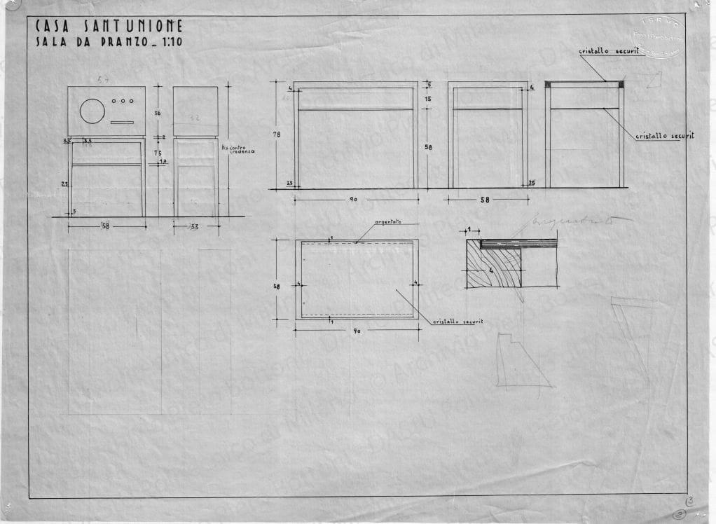 Casa Sant'Unione, sala da pranzo, mobiletto, scala 1:1, 1:10, s.d. China e matita su lucido, cm 38,4x51,6. 