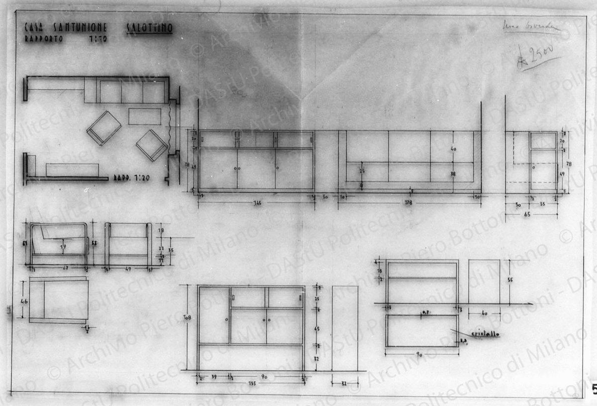 Casa Sant'Unione, salottino, pianta e mobili, scala 1:10, 1:20, s.d. China su lucido, cm 49,5x73,7.